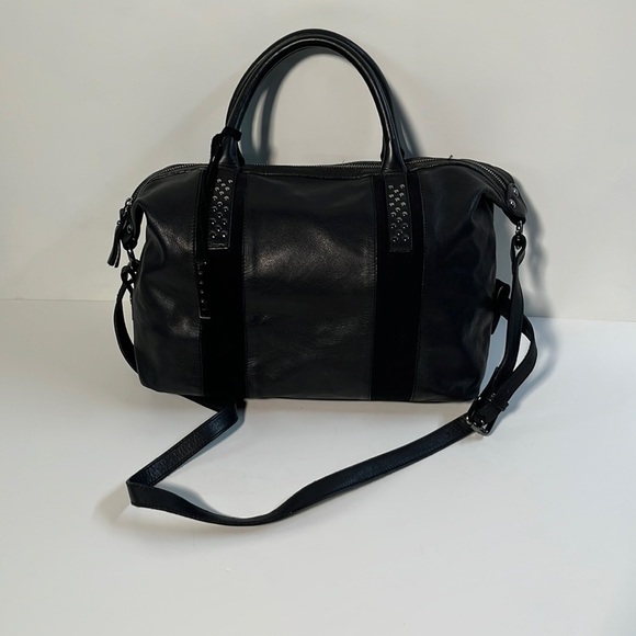 Innue Handbags - INNUE Career/Travel Black Leather/Suede Stud Accent Top Handle Long Strap Purse